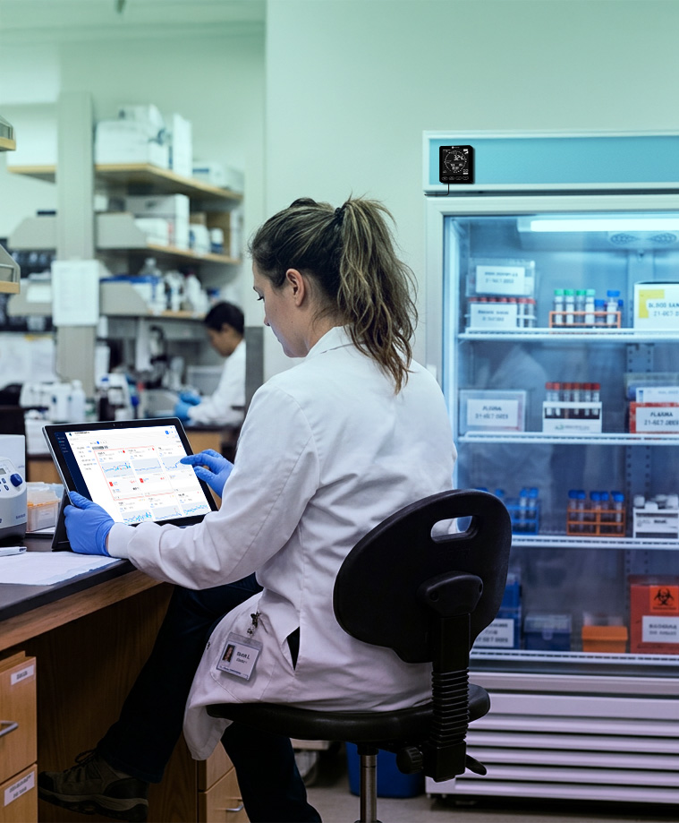 Person in lab coat holding EasyLog Cloud on Tablet | Fusion Sensor on fridge