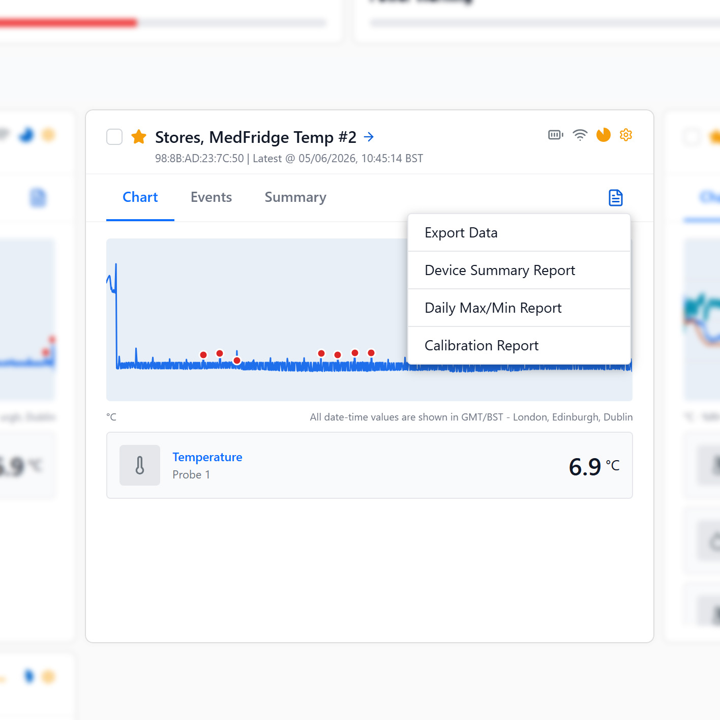 Audit and reporting drop down for EasyLog Cloud