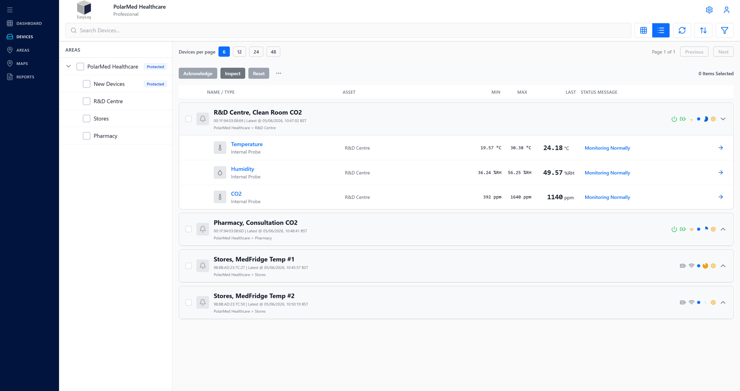 EasyLog Cloud's Devices List view