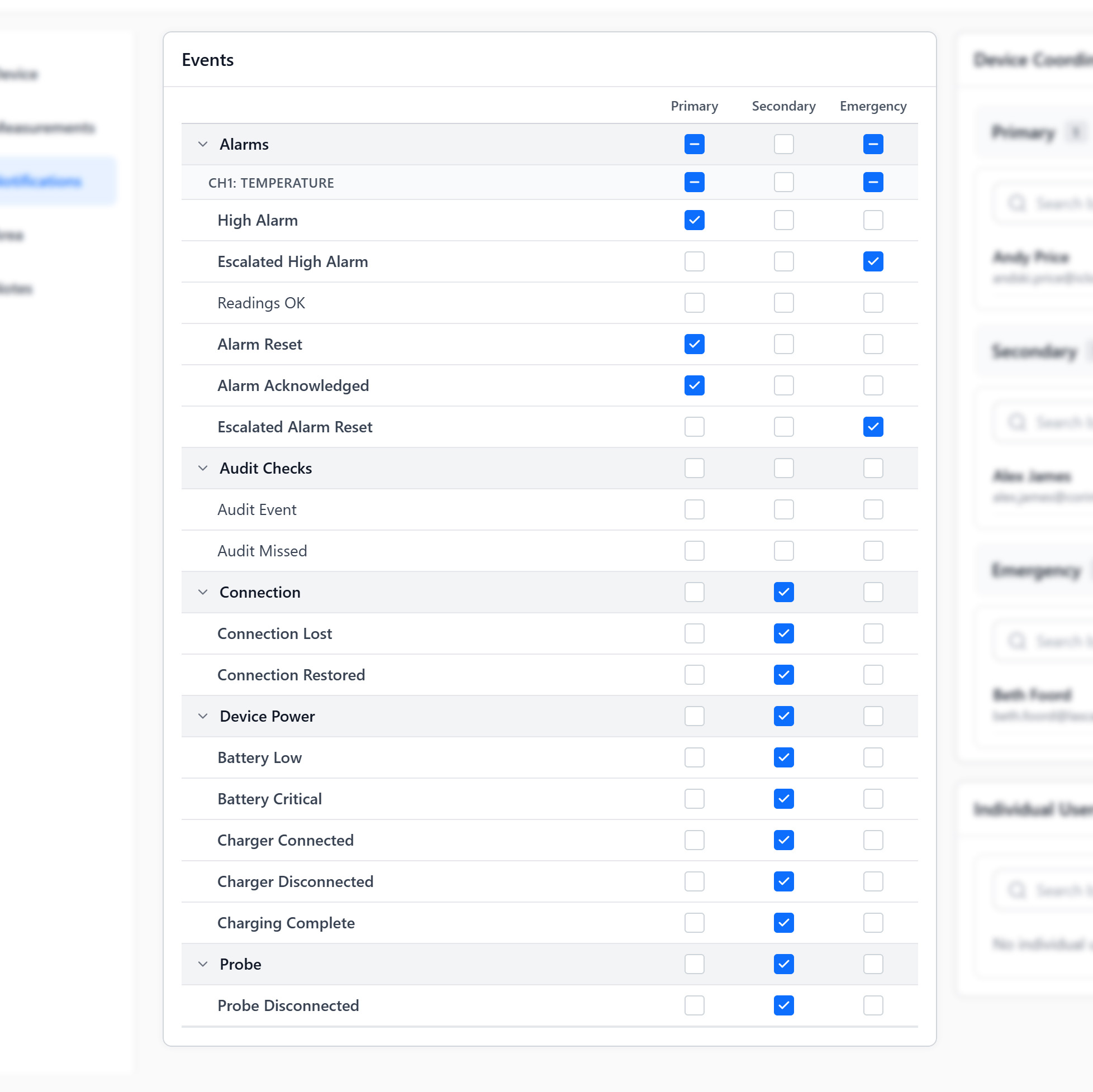 Detailed Alarms and Notifications Settings page